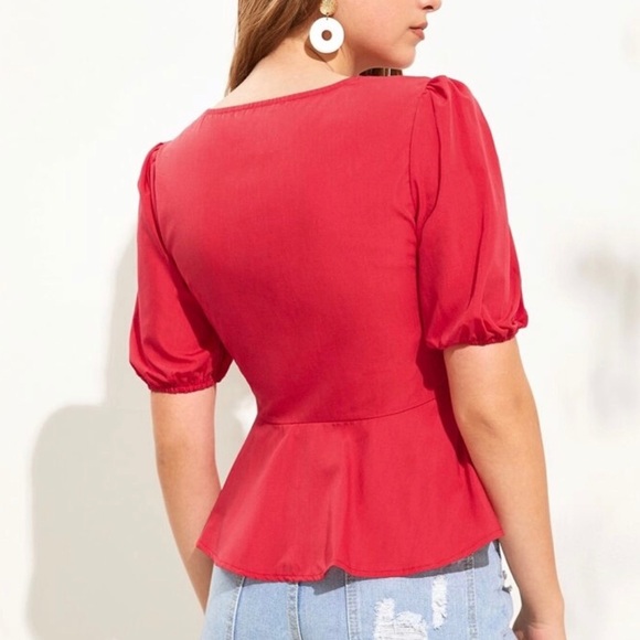 Square neck button front peplum tea top - Picture 2 of 3